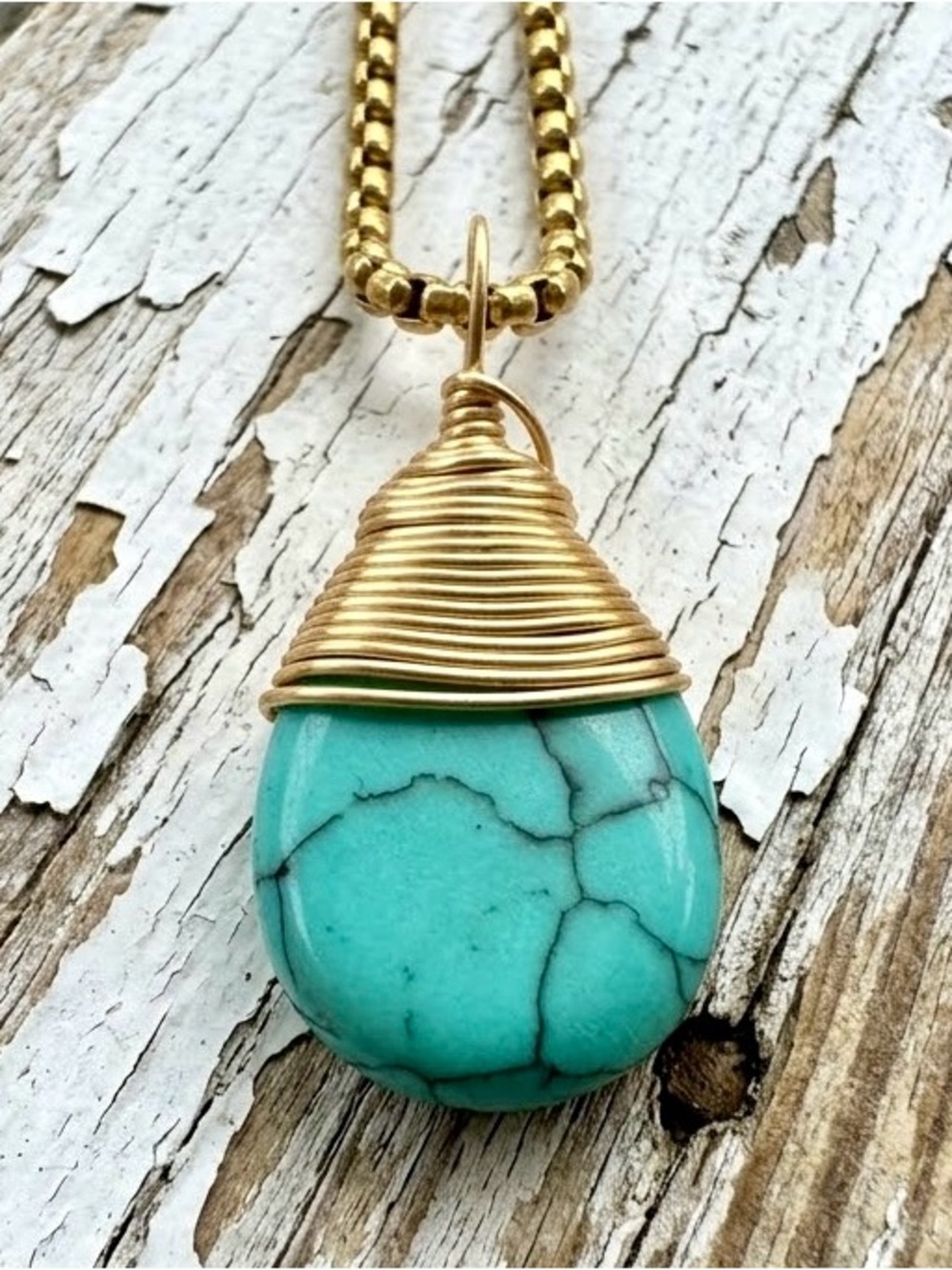 Turquoise Teardrop Necklace with Gold Wire Wrap on Gold Tone Rope Chain